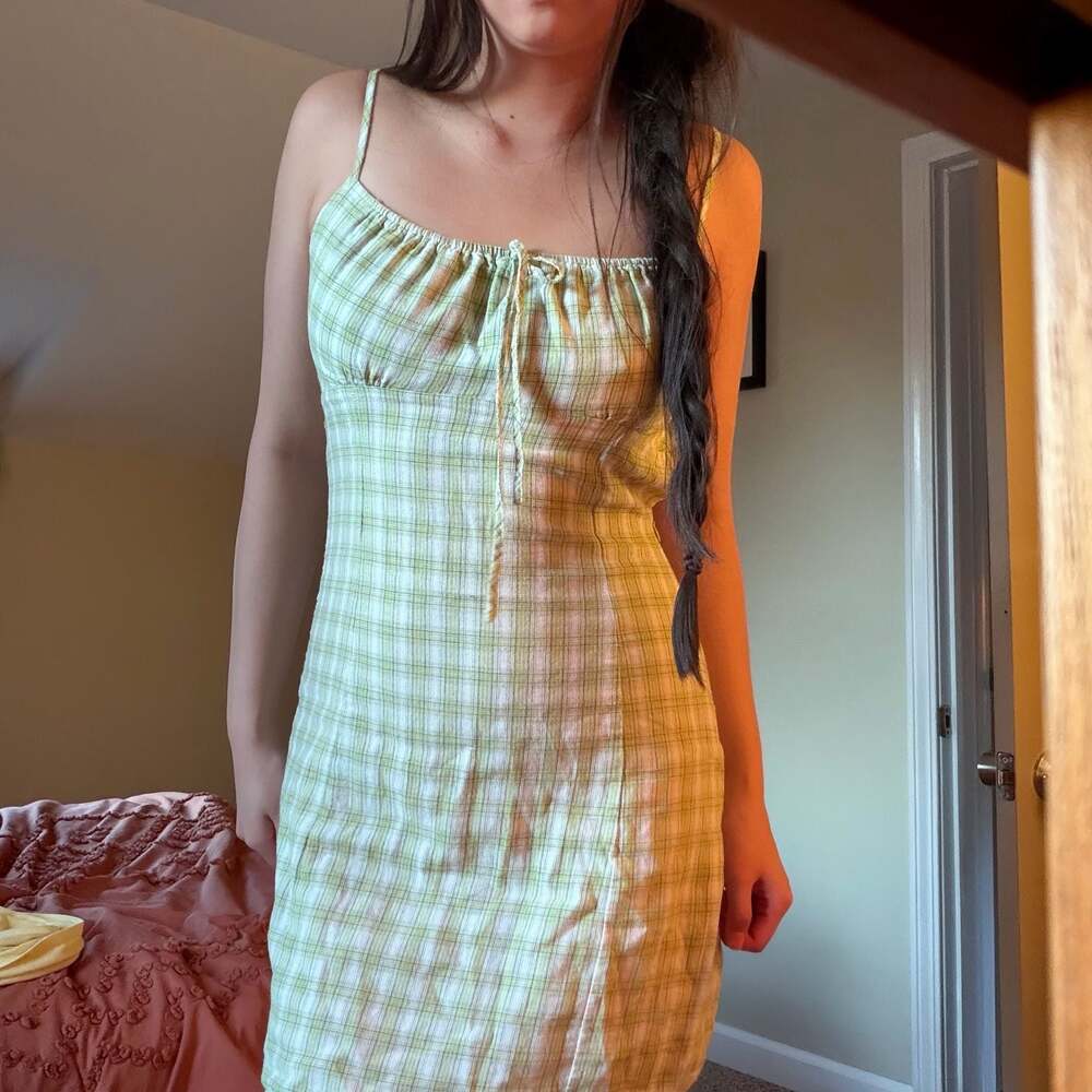 John Galt Brandy Melville Green and White Plaid Mini Dress with Tie Detail